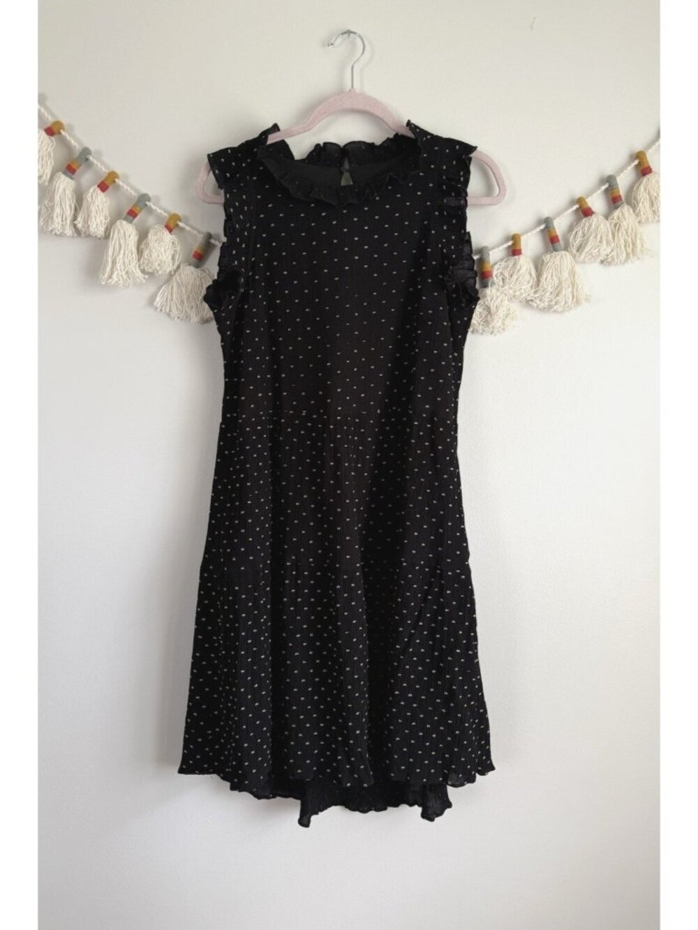 Moodie Polka Dot Crinkle Woven Tiered Flutter Mini Dress Feminine Whimsical M